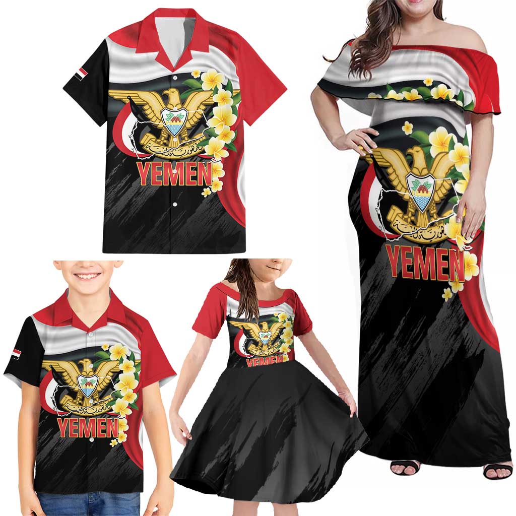 Yemen Unification Day Family Matching Off Shoulder Maxi Dress and Hawaiian Shirt Coat Of Arms With Frangipani