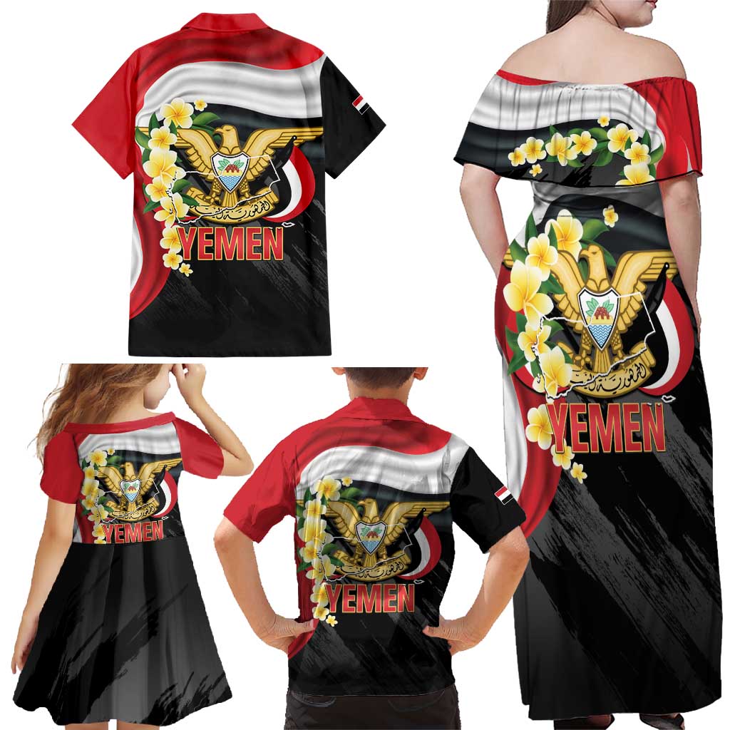 Yemen Unification Day Family Matching Off Shoulder Maxi Dress and Hawaiian Shirt Coat Of Arms With Frangipani