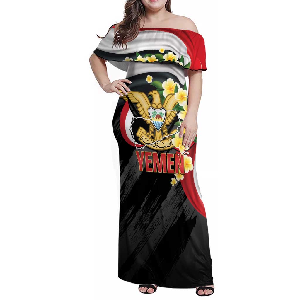 Yemen Unification Day Family Matching Off Shoulder Maxi Dress and Hawaiian Shirt Coat Of Arms With Frangipani