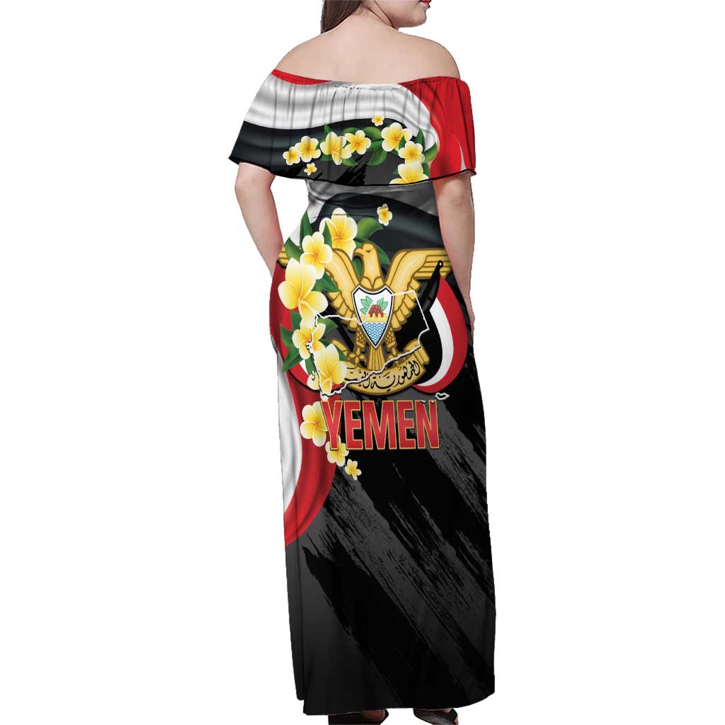 Yemen Unification Day Family Matching Off Shoulder Maxi Dress and Hawaiian Shirt Coat Of Arms With Frangipani