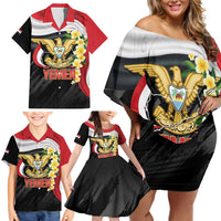 Yemen Unification Day Family Matching Off Shoulder Short Dress and Hawaiian Shirt Coat Of Arms With Frangipani