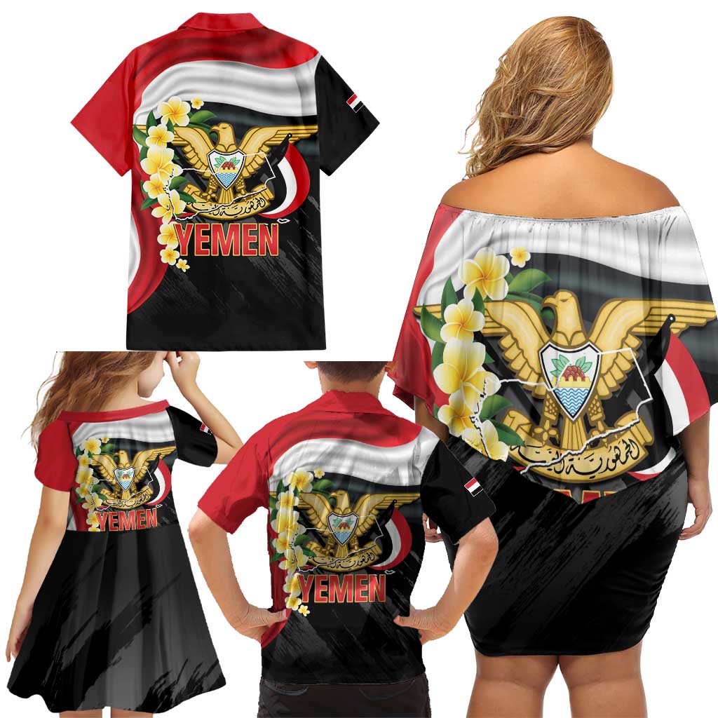 Yemen Unification Day Family Matching Off Shoulder Short Dress and Hawaiian Shirt Coat Of Arms With Frangipani