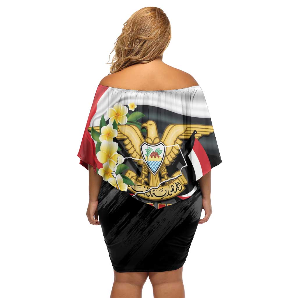 Yemen Unification Day Family Matching Off Shoulder Short Dress and Hawaiian Shirt Coat Of Arms With Frangipani