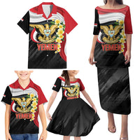 Yemen Unification Day Family Matching Puletasi and Hawaiian Shirt Coat Of Arms With Frangipani