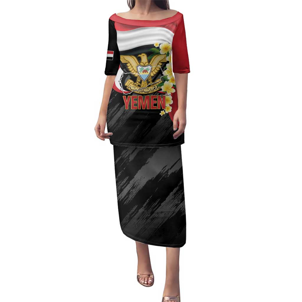 Yemen Unification Day Family Matching Puletasi and Hawaiian Shirt Coat Of Arms With Frangipani