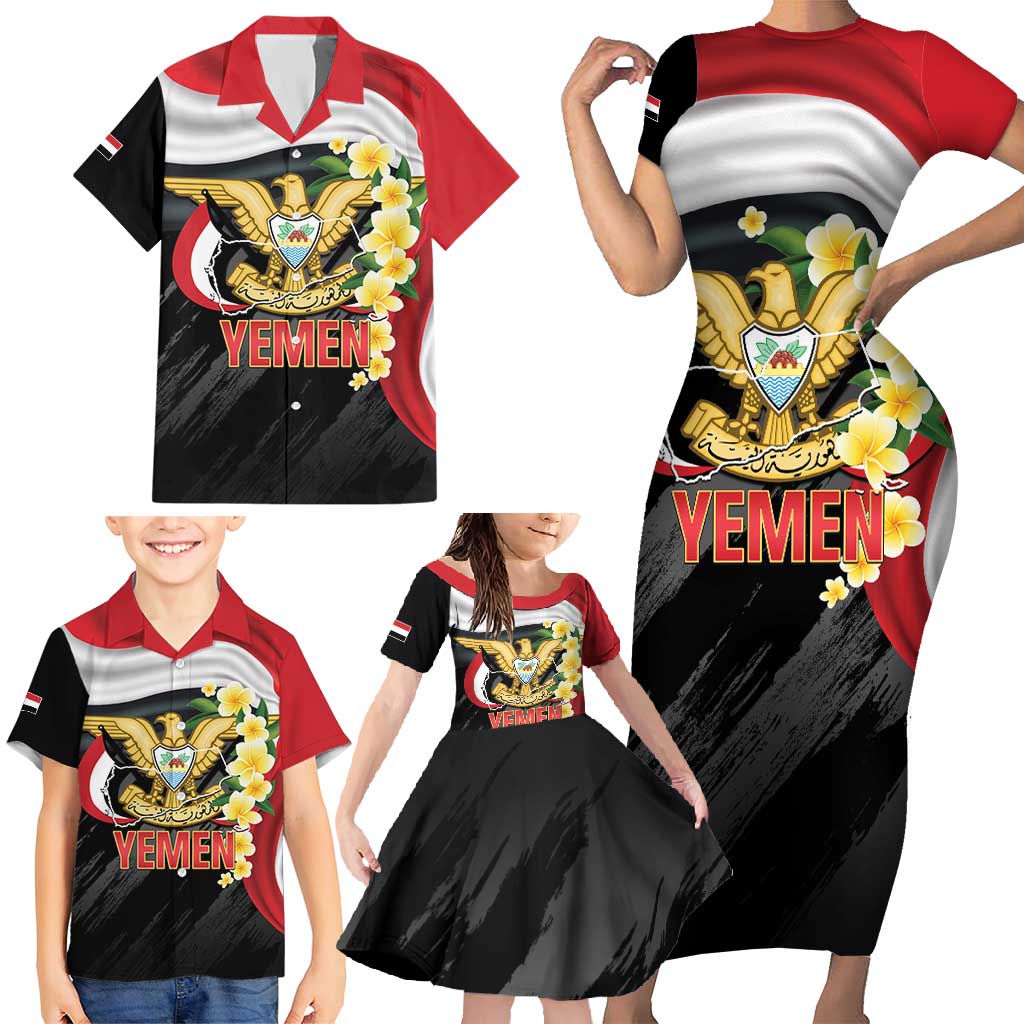 Yemen Unification Day Family Matching Short Sleeve Bodycon Dress and Hawaiian Shirt Coat Of Arms With Frangipani