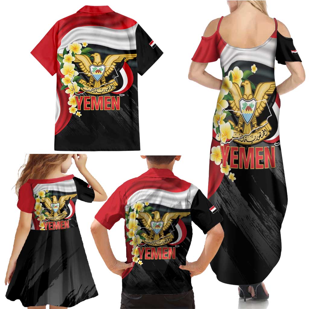 Yemen Unification Day Family Matching Summer Maxi Dress and Hawaiian Shirt Coat Of Arms With Frangipani