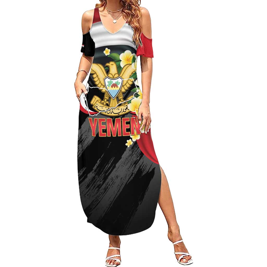 Yemen Unification Day Family Matching Summer Maxi Dress and Hawaiian Shirt Coat Of Arms With Frangipani