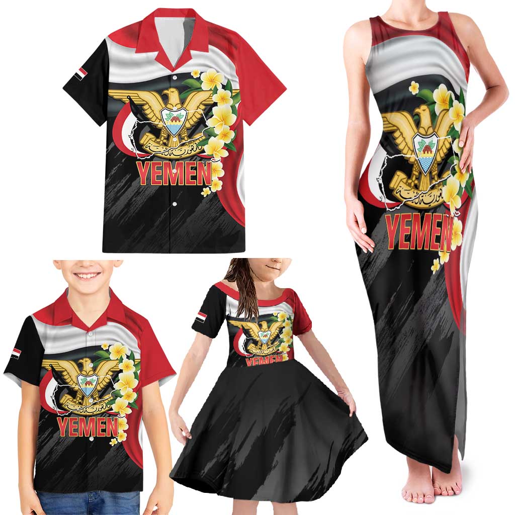 Yemen Unification Day Family Matching Tank Maxi Dress and Hawaiian Shirt Coat Of Arms With Frangipani