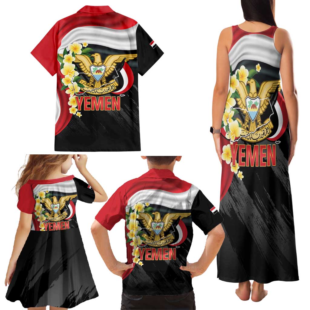 Yemen Unification Day Family Matching Tank Maxi Dress and Hawaiian Shirt Coat Of Arms With Frangipani
