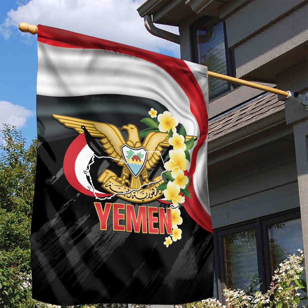 Yemen Unification Day Garden Flag Coat Of Arms With Frangipani