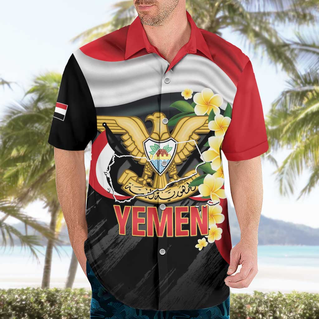 Yemen Unification Day Hawaiian Shirt Coat Of Arms With Frangipani