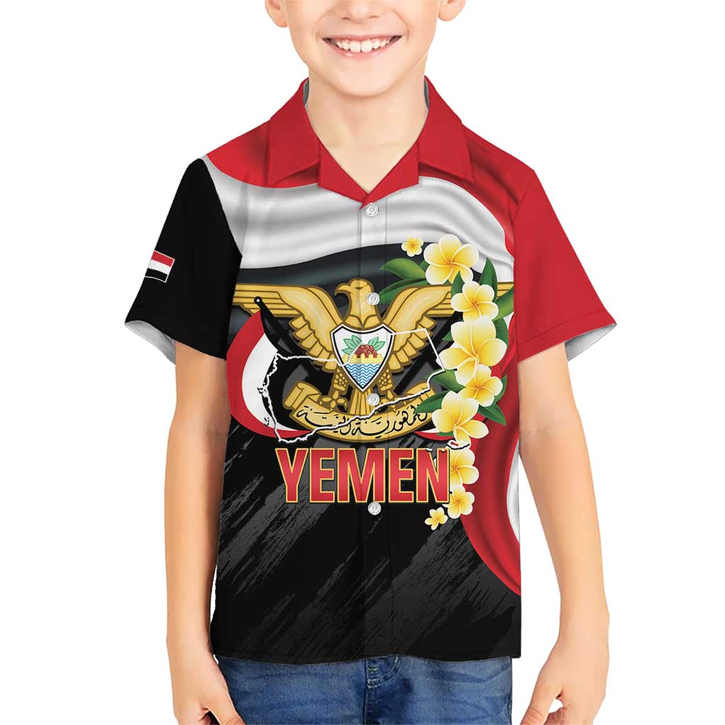 Yemen Unification Day Kid Hawaiian Shirt Coat Of Arms With Frangipani