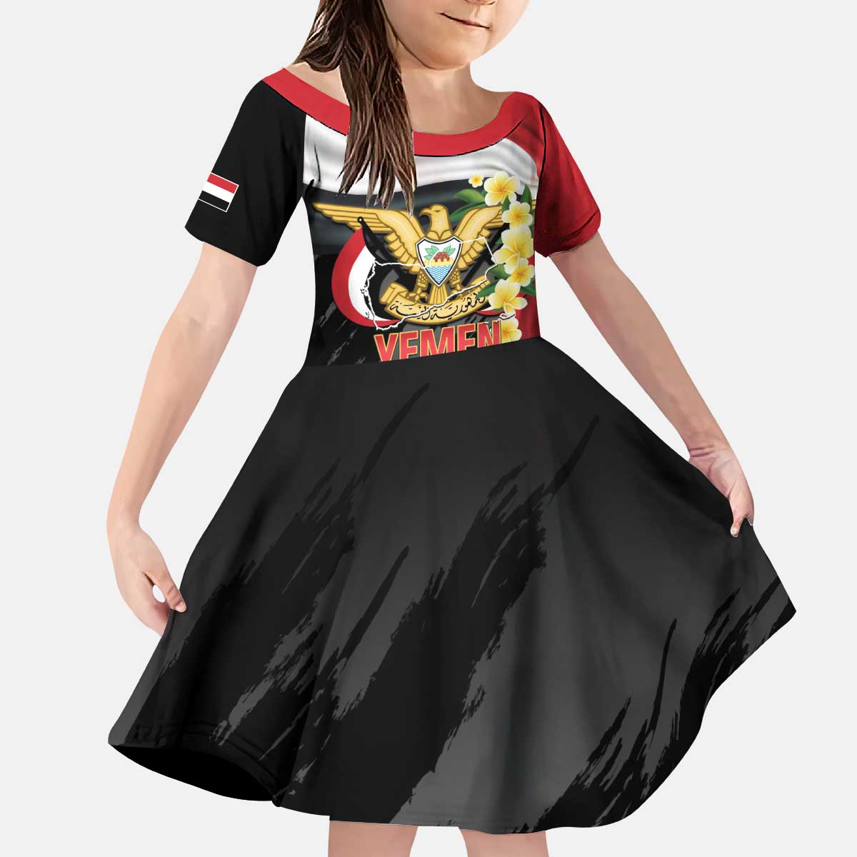 Yemen Unification Day Kid Short Sleeve Dress Coat Of Arms With Frangipani