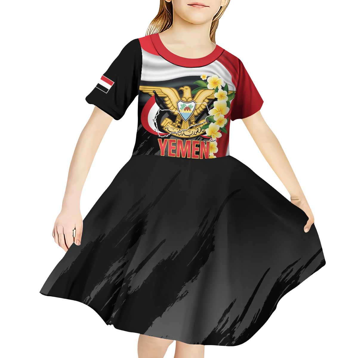 Yemen Unification Day Kid Short Sleeve Dress Coat Of Arms With Frangipani