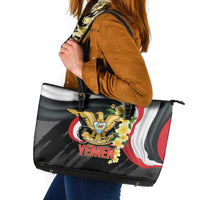 Yemen Unification Day Leather Tote Bag Coat Of Arms With Frangipani