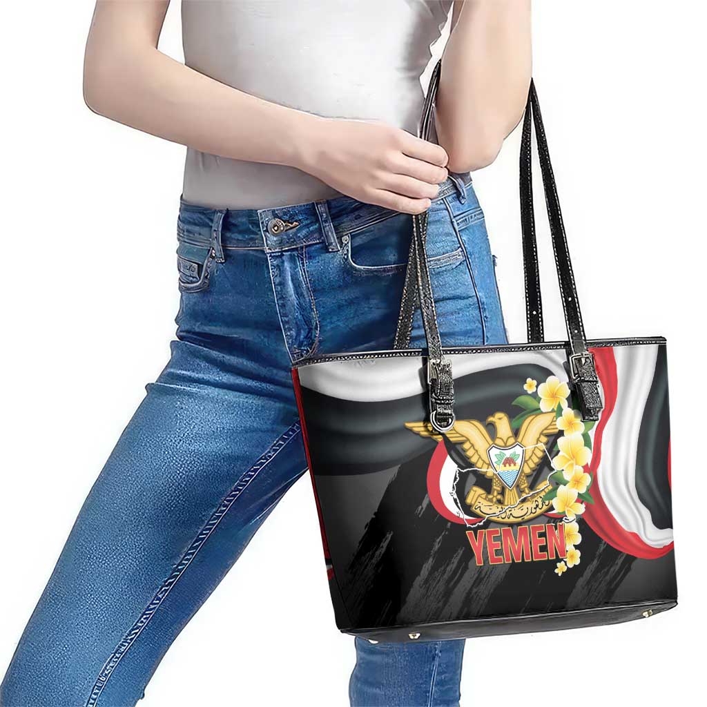 Yemen Unification Day Leather Tote Bag Coat Of Arms With Frangipani