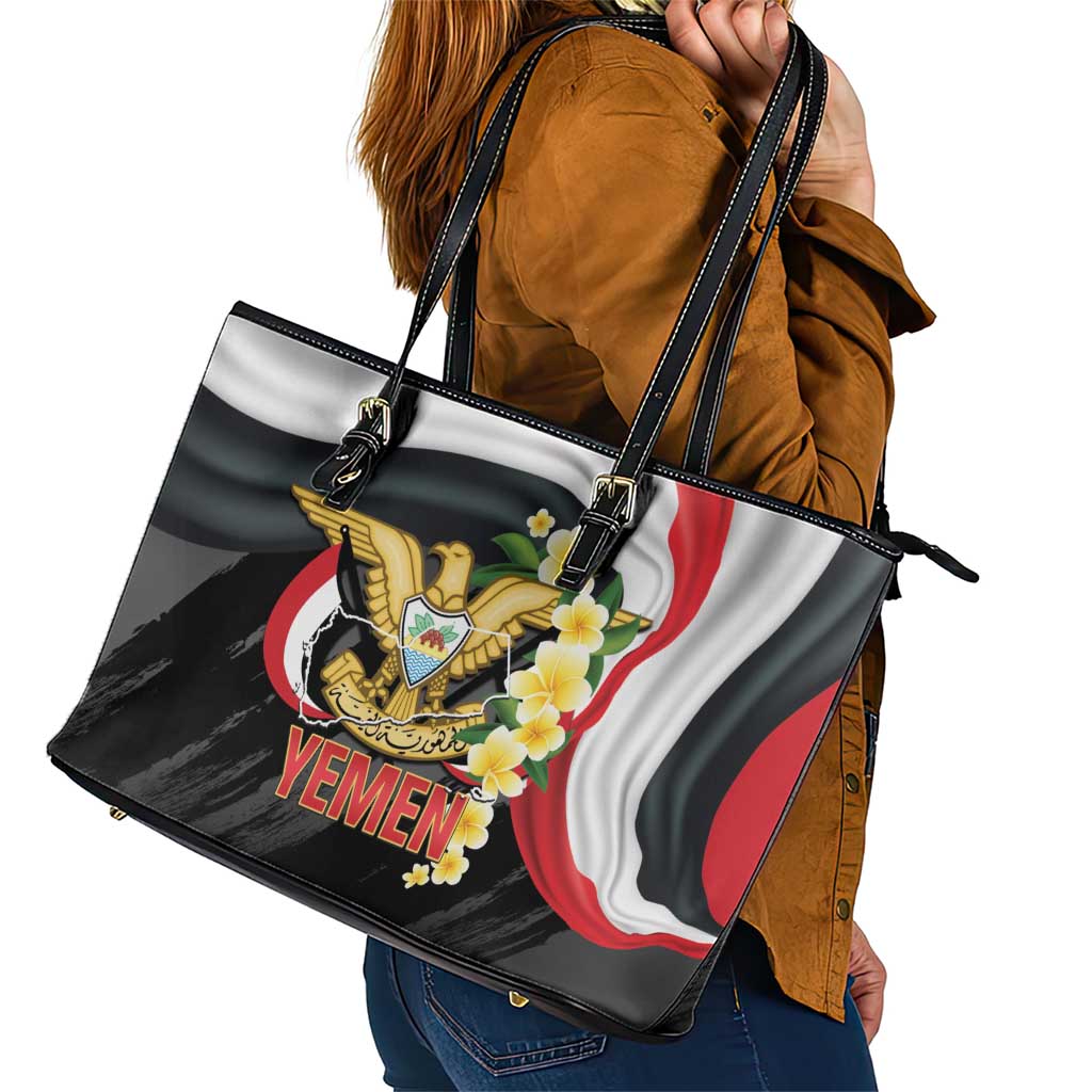 Yemen Unification Day Leather Tote Bag Coat Of Arms With Frangipani