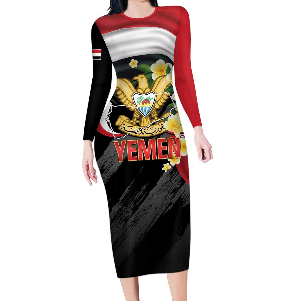 Yemen Unification Day Long Sleeve Bodycon Dress Coat Of Arms With Frangipani