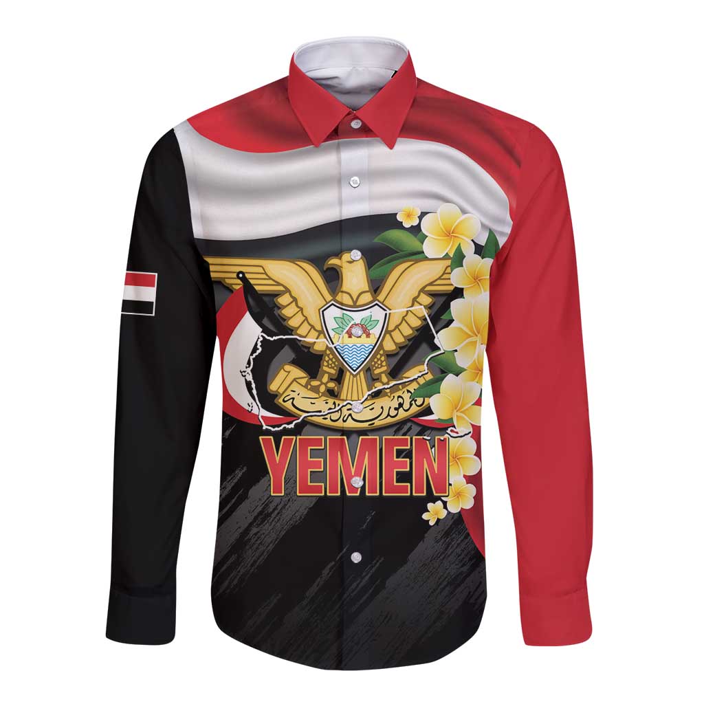 Yemen Unification Day Long Sleeve Button Shirt Coat Of Arms With Frangipani