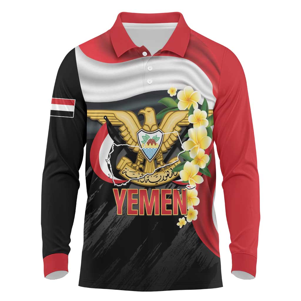 Yemen Unification Day Long Sleeve Polo Shirt Coat Of Arms With Frangipani