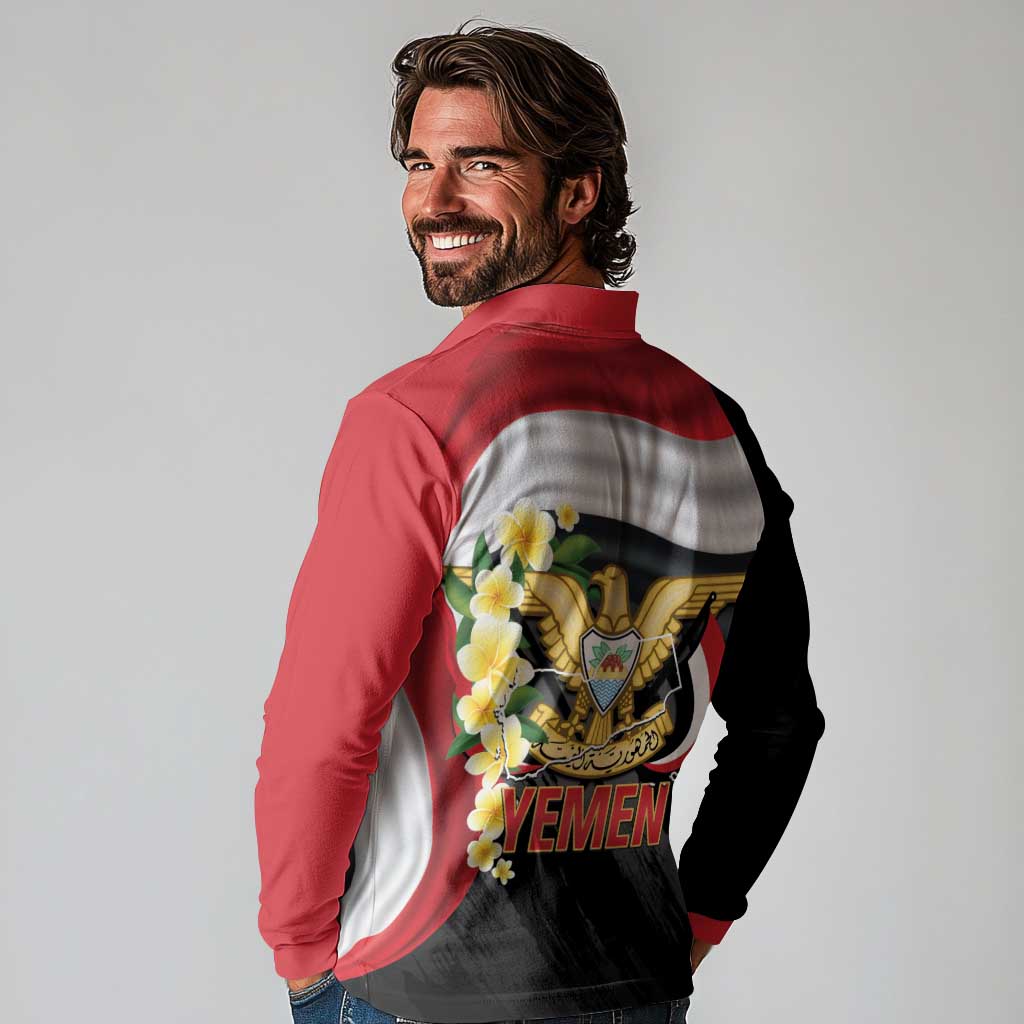 Yemen Unification Day Long Sleeve Polo Shirt Coat Of Arms With Frangipani