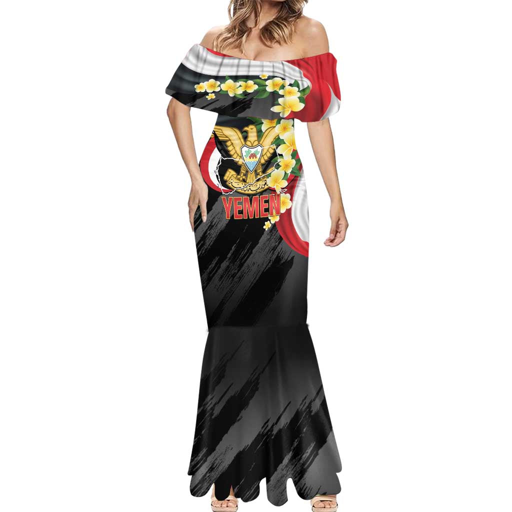 Yemen Unification Day Mermaid Dress Coat Of Arms With Frangipani