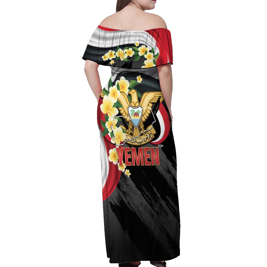 Yemen Unification Day Off Shoulder Maxi Dress Coat Of Arms With Frangipani
