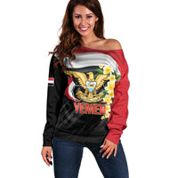Yemen Unification Day Off Shoulder Sweater Coat Of Arms With Frangipani