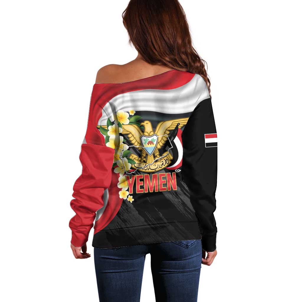 Yemen Unification Day Off Shoulder Sweater Coat Of Arms With Frangipani