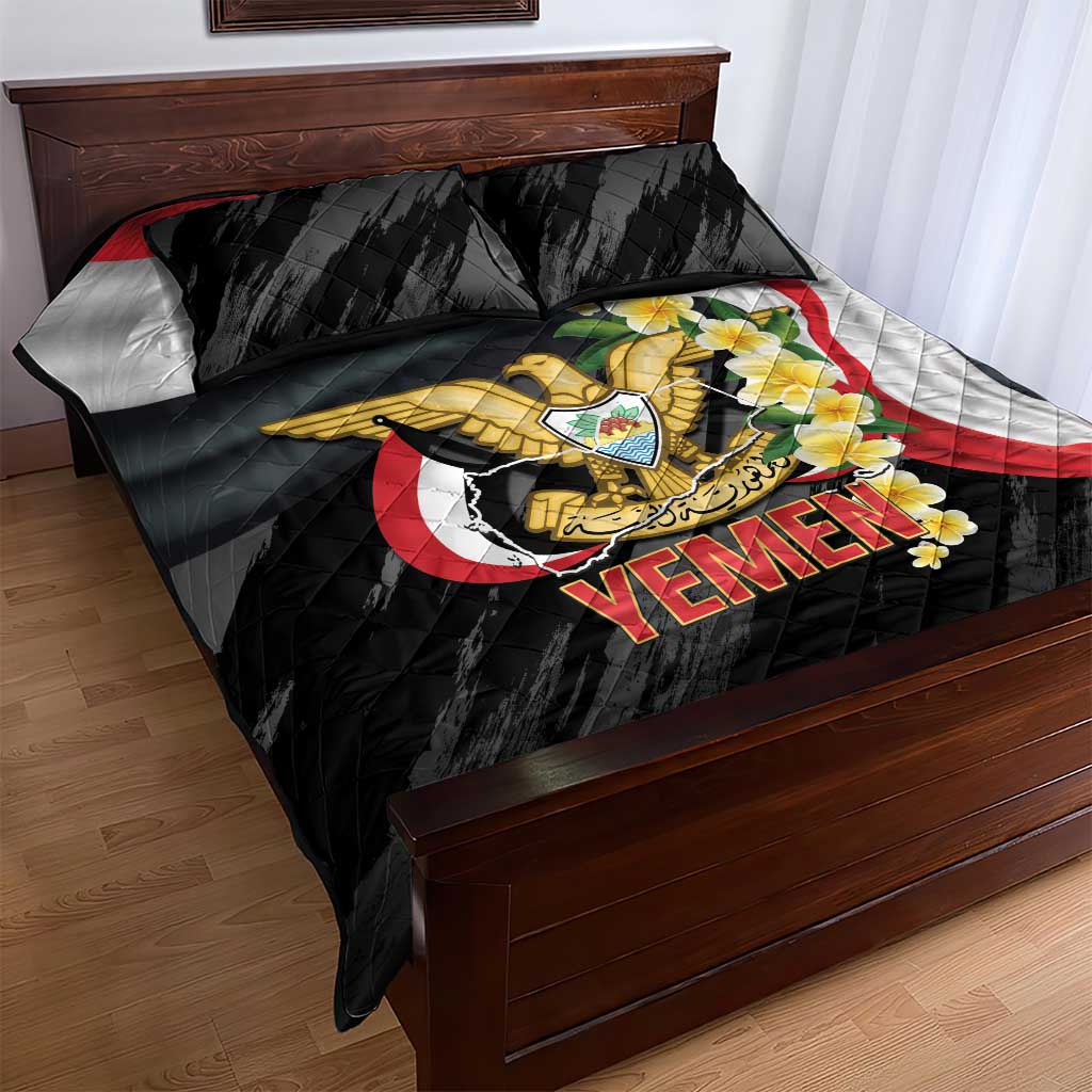 Yemen Unification Day Quilt Bed Set Coat Of Arms With Frangipani