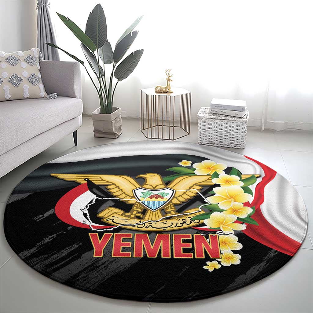 Yemen Unification Day Round Carpet Coat Of Arms With Frangipani