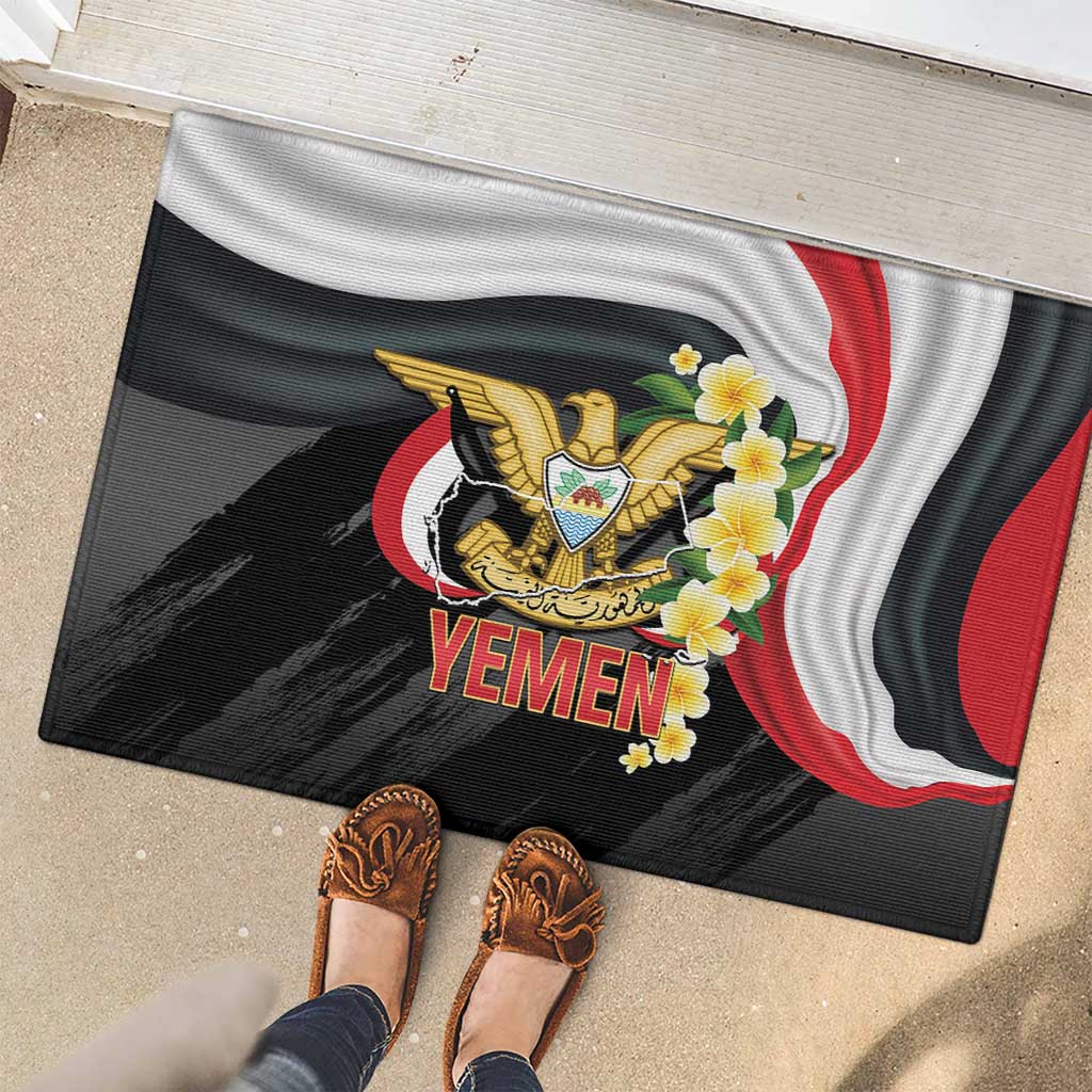 Yemen Unification Day Rubber Doormat Coat Of Arms With Frangipani