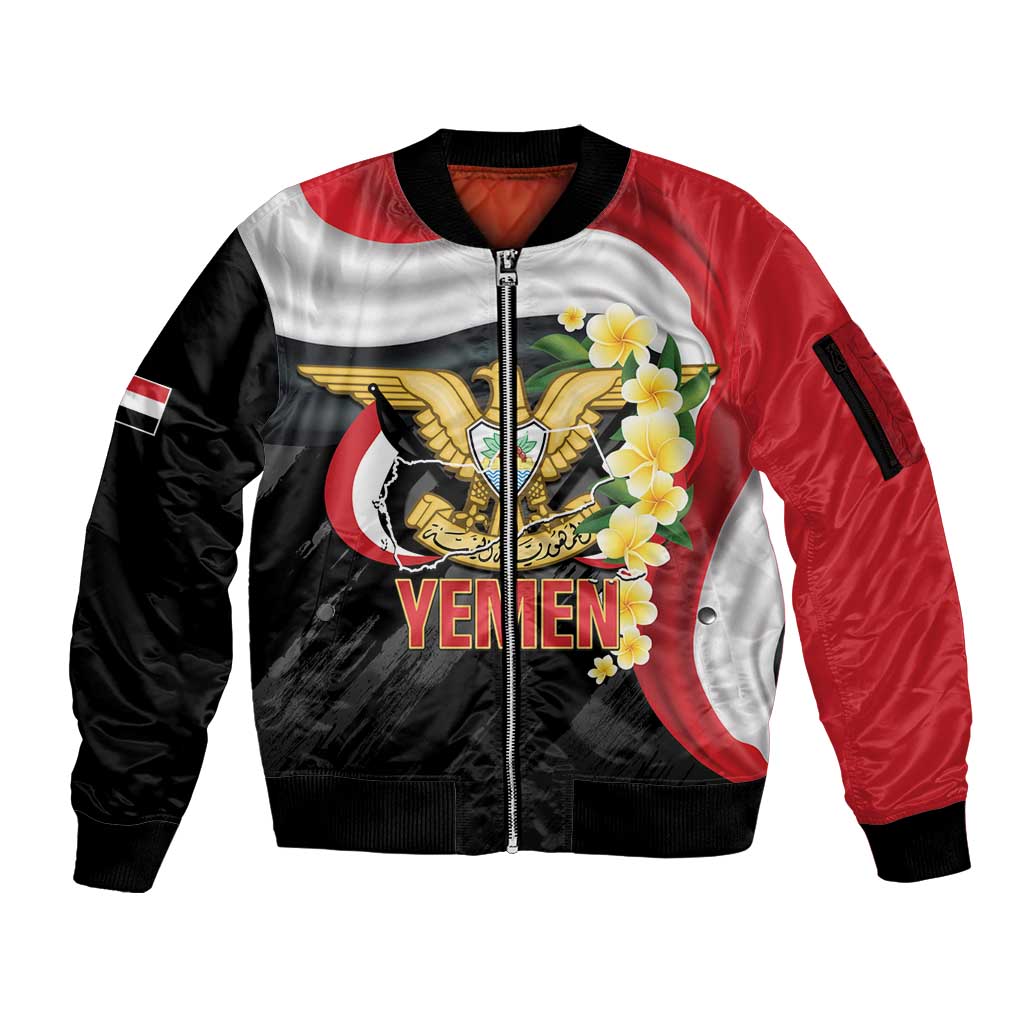 Yemen Unification Day Sleeve Zip Bomber Jacket Coat Of Arms With Frangipani