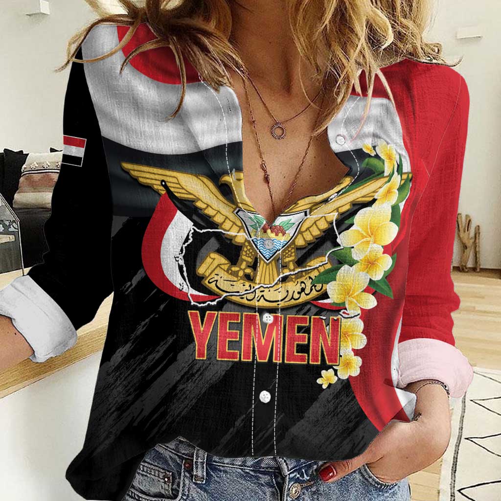 Yemen Unification Day Women Casual Shirt Coat Of Arms With Frangipani