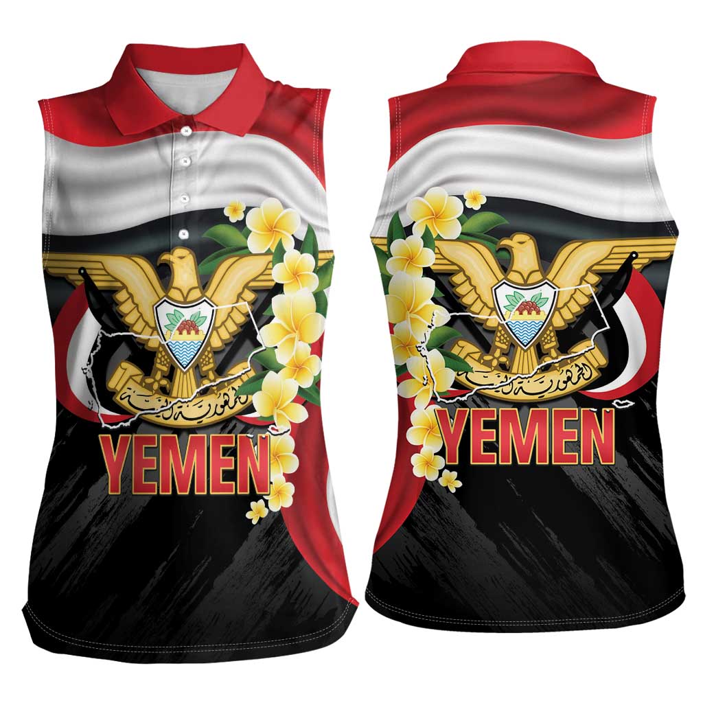 Yemen Unification Day Women Sleeveless Polo Shirt Coat Of Arms With Frangipani