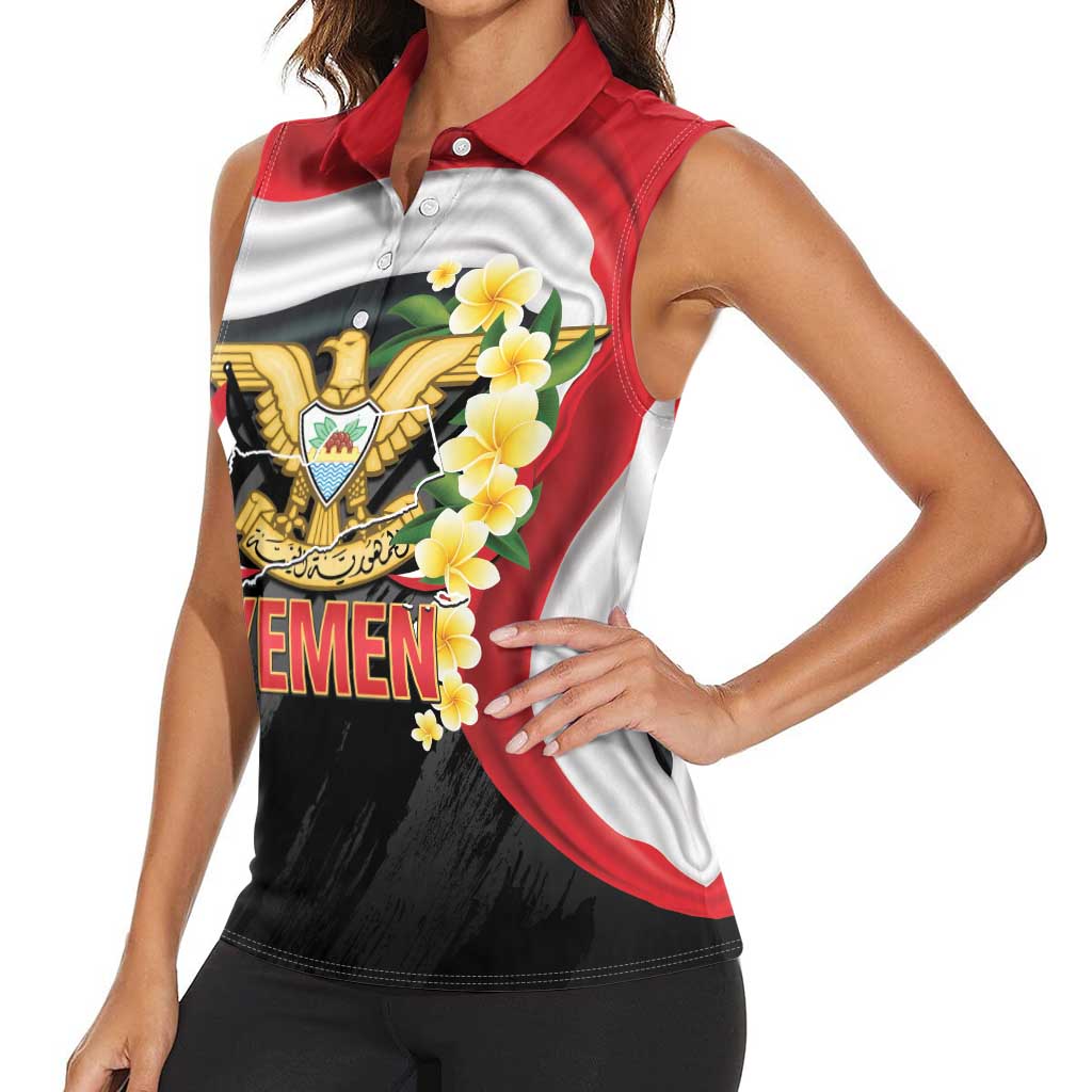 Yemen Unification Day Women Sleeveless Polo Shirt Coat Of Arms With Frangipani