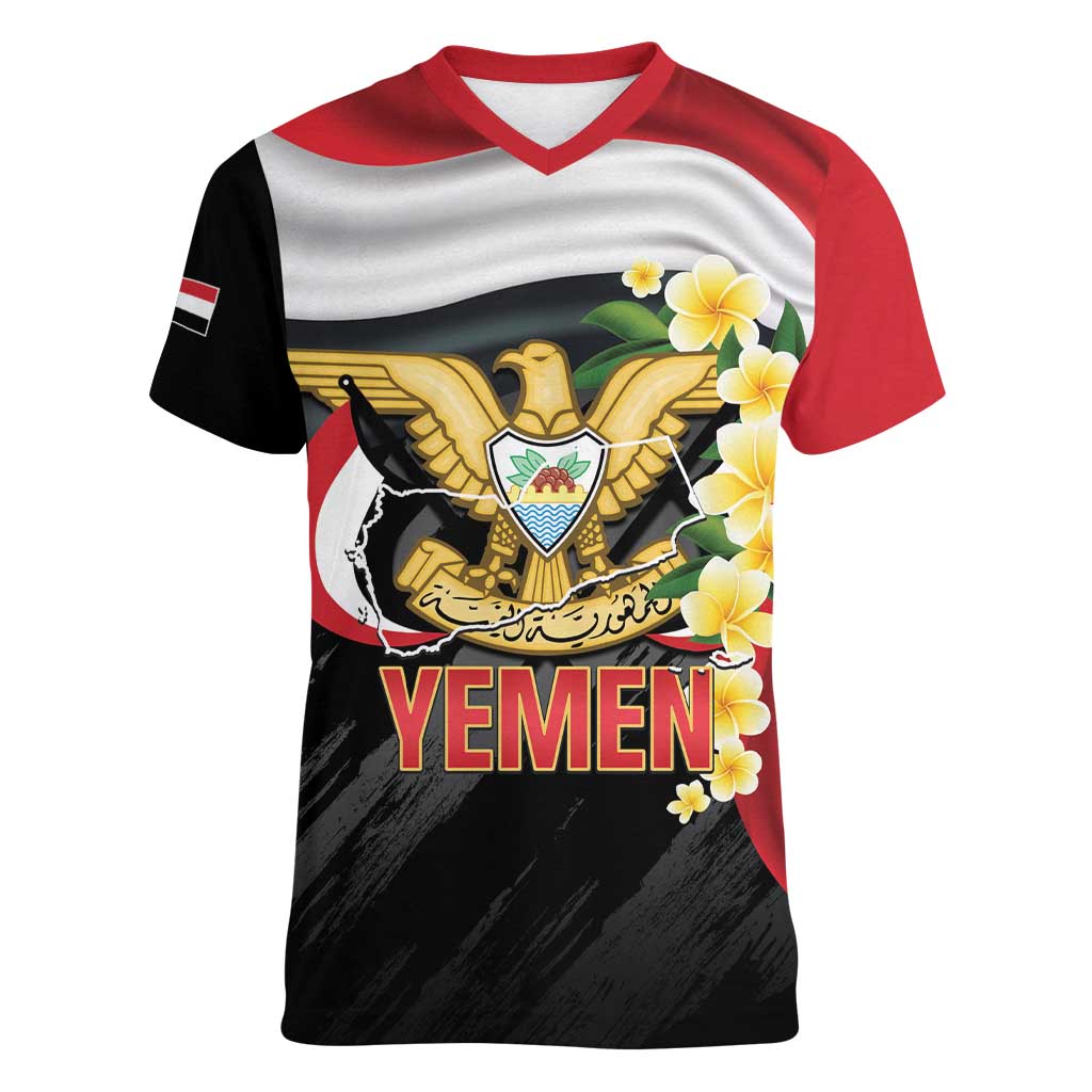 Yemen Unification Day Women V-Neck T-Shirt Coat Of Arms With Frangipani