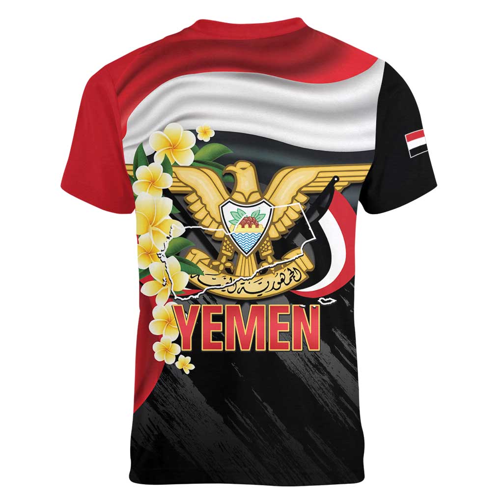 Yemen Unification Day Women V-Neck T-Shirt Coat Of Arms With Frangipani
