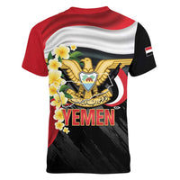 Yemen Unification Day Women V-Neck T-Shirt Coat Of Arms With Frangipani