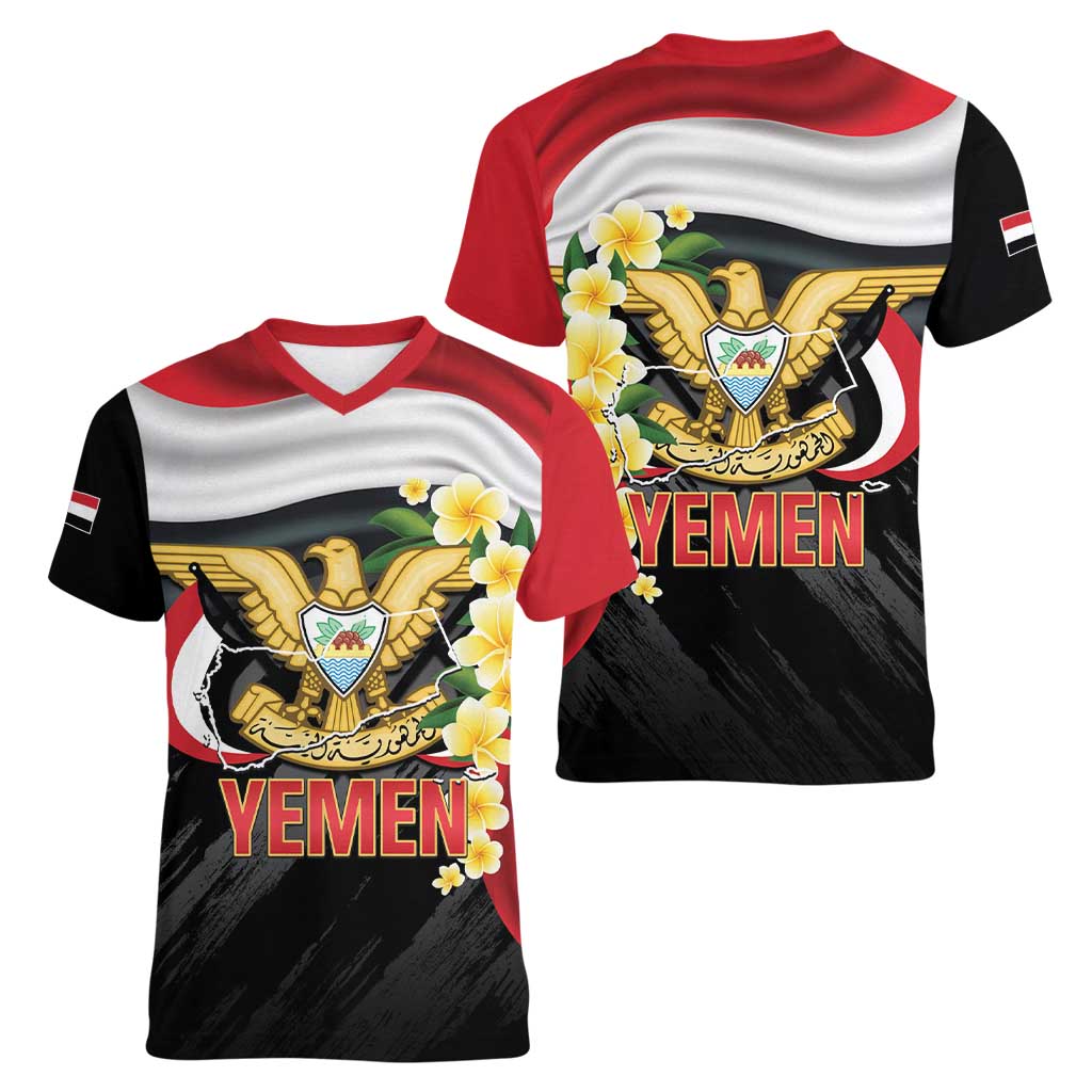Yemen Unification Day Women V-Neck T-Shirt Coat Of Arms With Frangipani