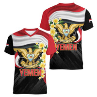 Yemen Unification Day Women V-Neck T-Shirt Coat Of Arms With Frangipani