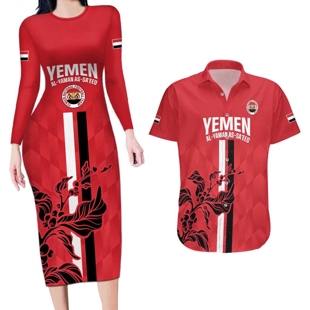 Custom Yemen Football Couples Matching Long Sleeve Bodycon Dress and Hawaiian Shirt Come On Al-Yaman as-Sa'eed