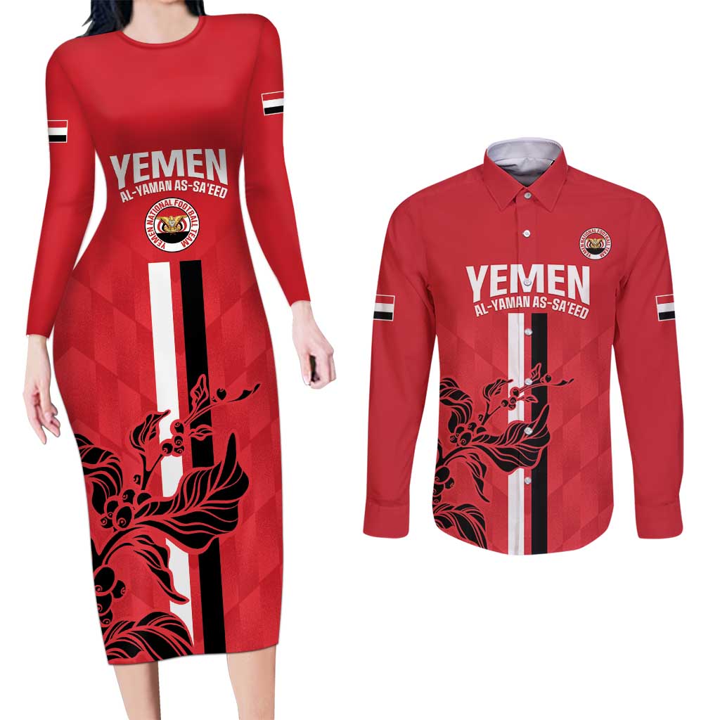 Custom Yemen Football Couples Matching Long Sleeve Bodycon Dress and Long Sleeve Button Shirt Come On Al-Yaman as-Sa'eed