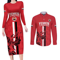 Custom Yemen Football Couples Matching Long Sleeve Bodycon Dress and Long Sleeve Button Shirt Come On Al-Yaman as-Sa'eed