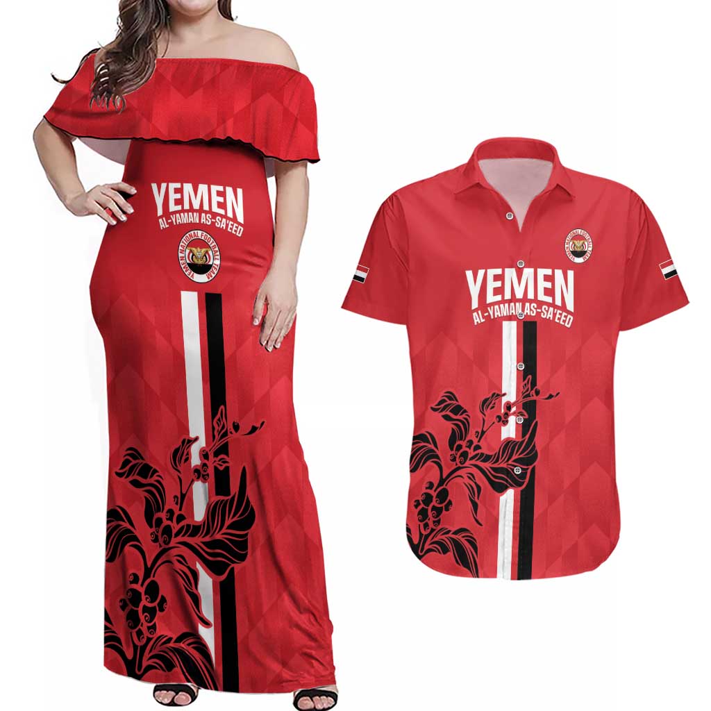 Custom Yemen Football Couples Matching Off Shoulder Maxi Dress and Hawaiian Shirt Come On Al-Yaman as-Sa'eed