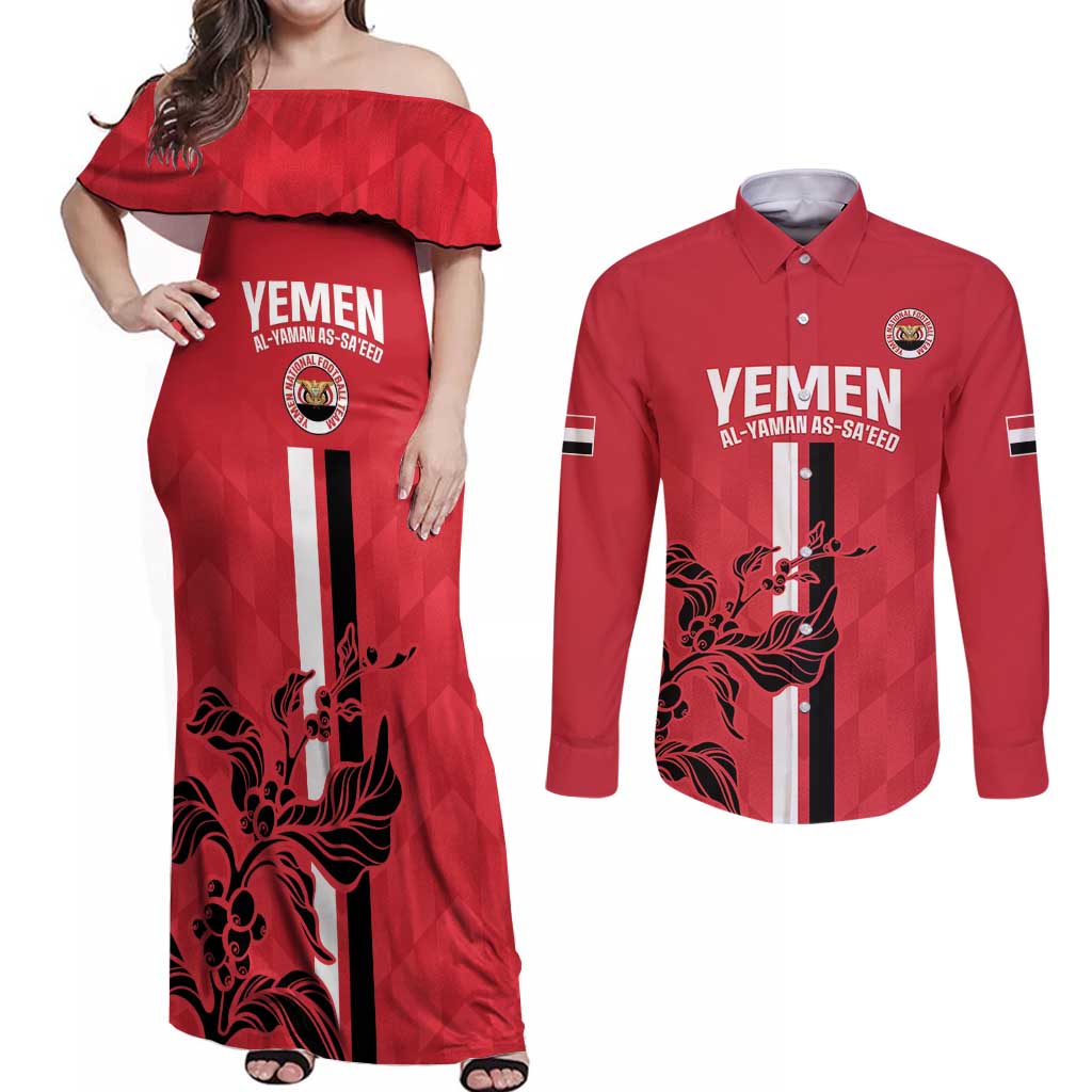 Custom Yemen Football Couples Matching Off Shoulder Maxi Dress and Long Sleeve Button Shirt Come On Al-Yaman as-Sa'eed