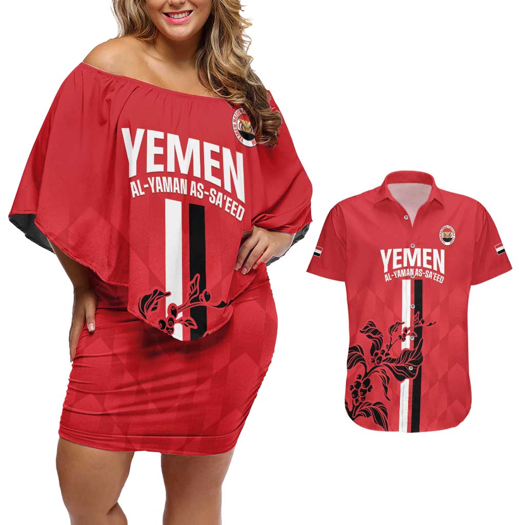 Custom Yemen Football Couples Matching Off Shoulder Short Dress and Hawaiian Shirt Come On Al-Yaman as-Sa'eed