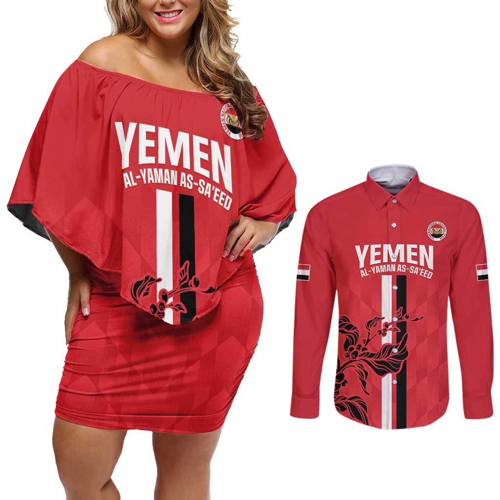 Custom Yemen Football Couples Matching Off Shoulder Short Dress and Long Sleeve Button Shirt Come On Al-Yaman as-Sa'eed