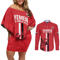 Custom Yemen Football Couples Matching Off Shoulder Short Dress and Long Sleeve Button Shirt Come On Al-Yaman as-Sa'eed